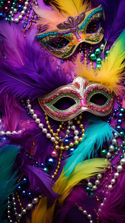 Mardi Gras mask with feathers, beads and pearls.の素材
