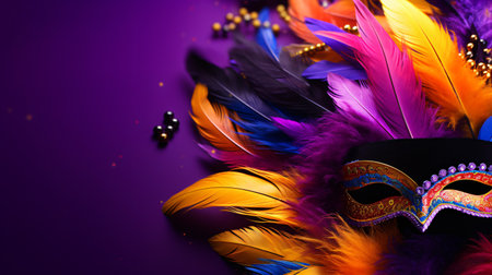 Mardi Gras mask with feathers and beads on purple background.の素材