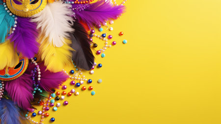 Mardi Gras background with colorful feathers and beads on yellow backgroundの素材