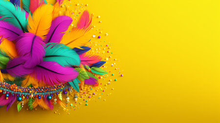 Colorful feathers and beads on a yellow background. Copy space.の素材