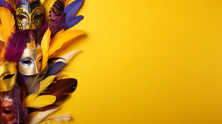 Mardi gras masks with feathers on yellow background, top viewの素材