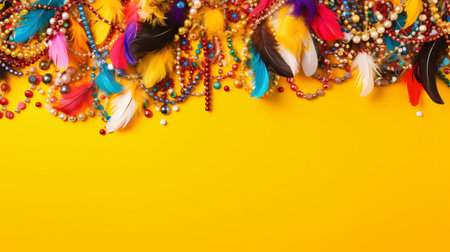Colorful feathers and beads on yellow background. Top view with copy spaceの素材