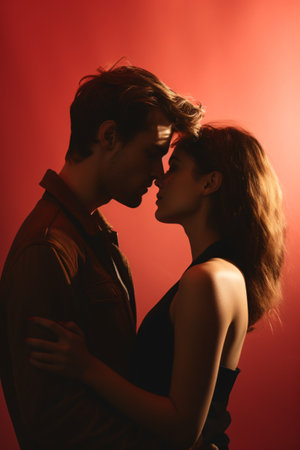 Side view of a beautiful young couple in love kissing on red backgroundの素材