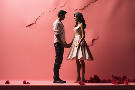 couple looking at each other while holding hands on pink background with torn paperの素材