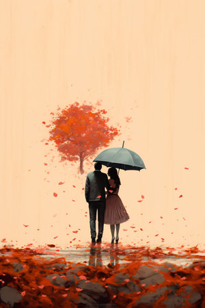 Man and woman standing back to back with umbrella. Autumn season conceptの素材