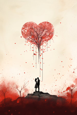 Valentine's day love concept, Silhouette of a couple in love with red heart treeの素材