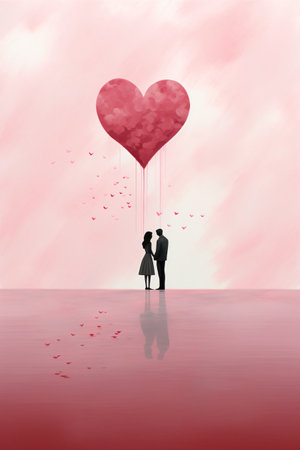 Couple in love with heart shaped balloon and falling petals illustrationの素材