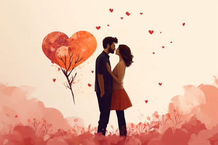 Couple in love with red hearts on floral background. Double exposureの素材