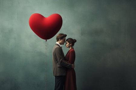 Young couple in love with big red heart balloon on gray wall backgroundの素材