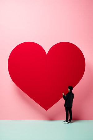 Valentine's day concept. Young man holding red paper heart on pink backgroundの素材