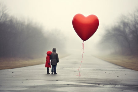 Young couple in love with red heart balloon on the road in foggy dayの素材