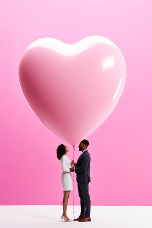 Couple in love with big pink heart balloon on pink background.の素材