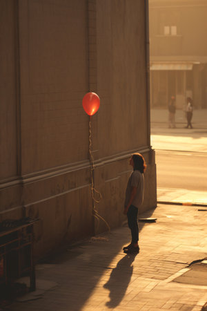 A girl with a red balloon on the street in the evening.の素材