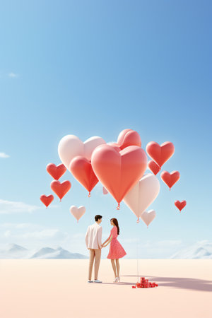Young couple in love holding red heart balloons on blue sky background. Valentine's day conceptの素材