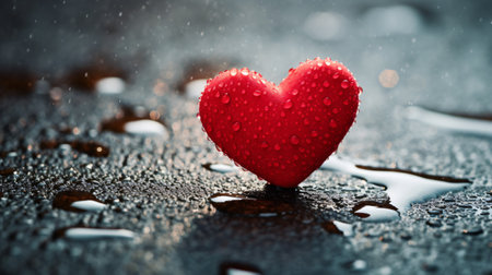 Red heart on wet background with water drops. valentines day conceptの素材