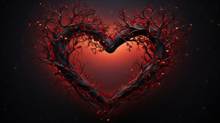 Red heart made of tree branches on dark background. 3D renderingの素材