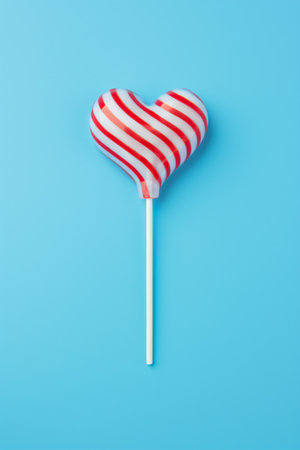 Striped lollipop in the shape of a heart on a blue backgroundの素材