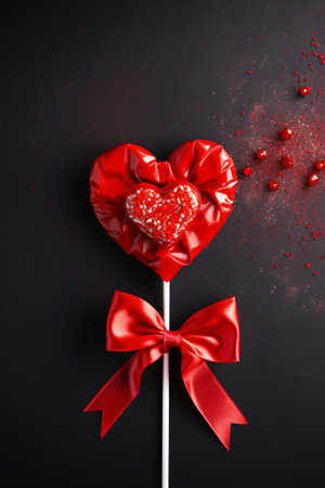 Red heart shaped lollipop with red bow on black background. Valentines day concept.の素材