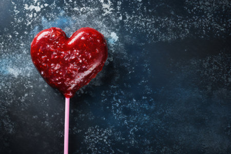 Red heart shaped lollipop on blue background. valentines day conceptの素材