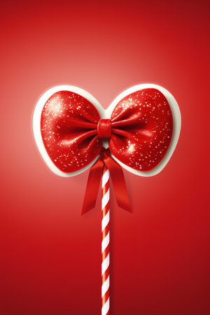 Candy cane with red bow and lollipop on red backgroundの素材