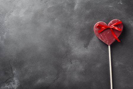 Heart shaped lollipop with red ribbon on black background. Top view with copy spaceの素材