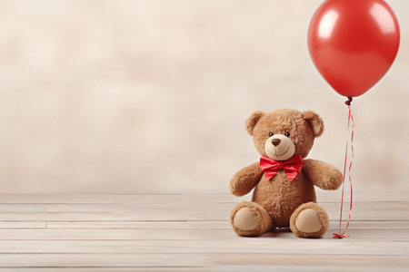 Teddy bear with red balloon on wooden table, space for textの素材
