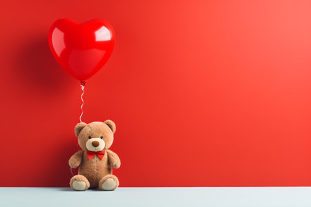 Teddy bear with red heart balloon on red background. Valentine's day concept.の素材
