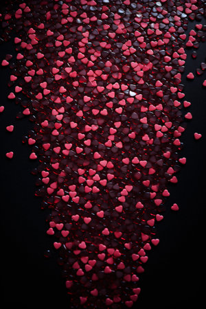 Red heart confetti on black background. Valentines day concept.の素材