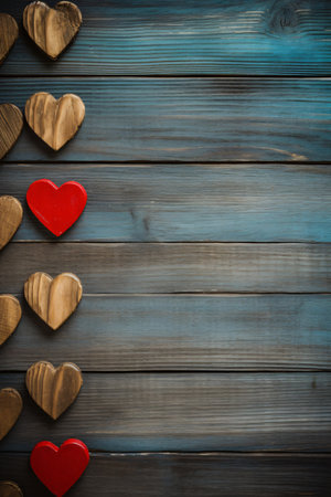 Wooden hearts on old wooden background. Valentines day background.の素材