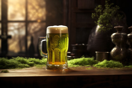 Mug of beer on a wooden table on a background of natureの素材