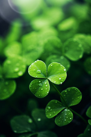 Green clover leaves with water drops. Saint Patrick's Day backgroundの素材