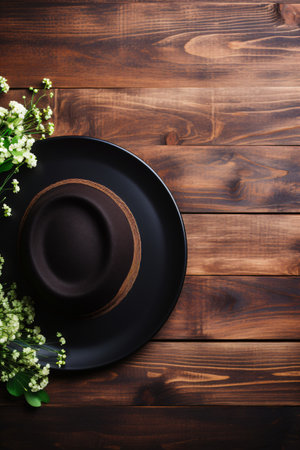 Top view of black plate, hat and flowers on wooden background.の素材