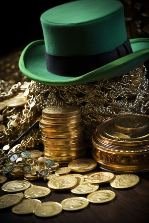 St. Patrick's Day background. Leprechaun hat and gold coinsの素材
