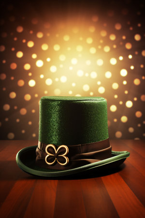St. Patrick's Day background with green hat and golden bokehの素材