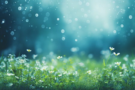 Blooming meadow with daisies and raindrops. spring backgroundの素材