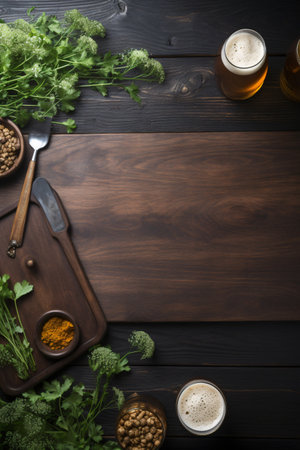 Beer and ingredients on dark wooden background. Top view with copy spaceの素材