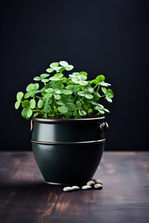 Green sprouts of clover in a pot on a wooden backgroundの素材