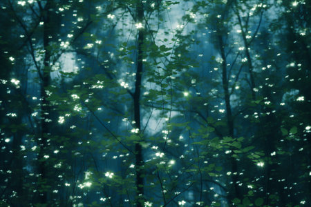 Foggy night in the forest. Dark forest with trees and lightsの素材