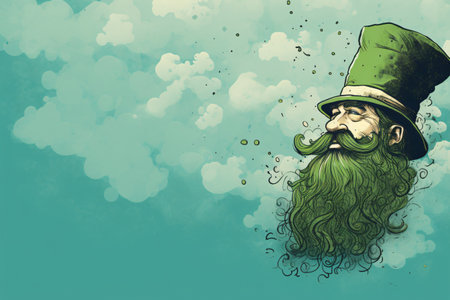 Hand drawn illustration of a bearded leprechaun with a green hat.の素材