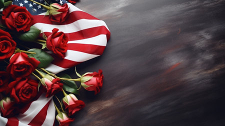Bouquet of red roses and American flag on dark wooden backgroundの素材