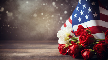 Bouquet of red roses and american flag on wooden backgroundの素材
