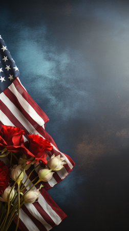American flag with a bouquet of flowers on a dark blue backgroundの素材