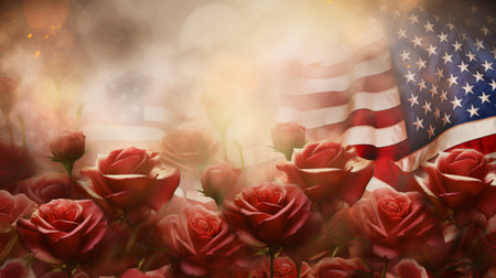 American flag and roses on grunge background. Copy space for textの素材