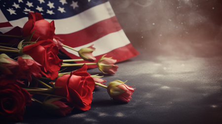 Bouquet of red roses and american flag on dark backgroundの素材