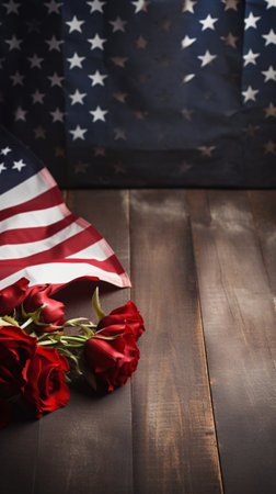 American flag and red roses on a wooden background. Selective focus.の素材