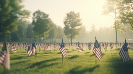American flag in the meadow at sunrise. 3D Renderingの素材