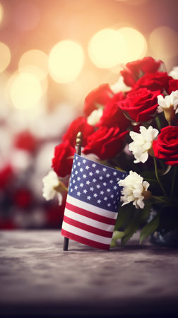 American flag and bouquet of flowers on a wooden table. Selective focus.の素材