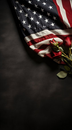 American flag and rose on black background, top view, copy spaceの素材