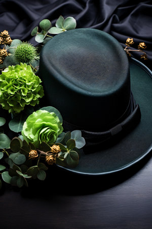 Elegant black top hat and green flowers on black background.の素材