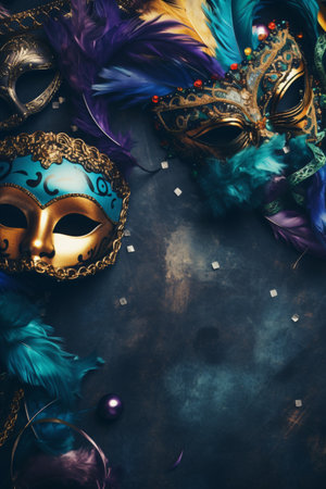 Carnival masks with feathers on dark background. Top view.の素材